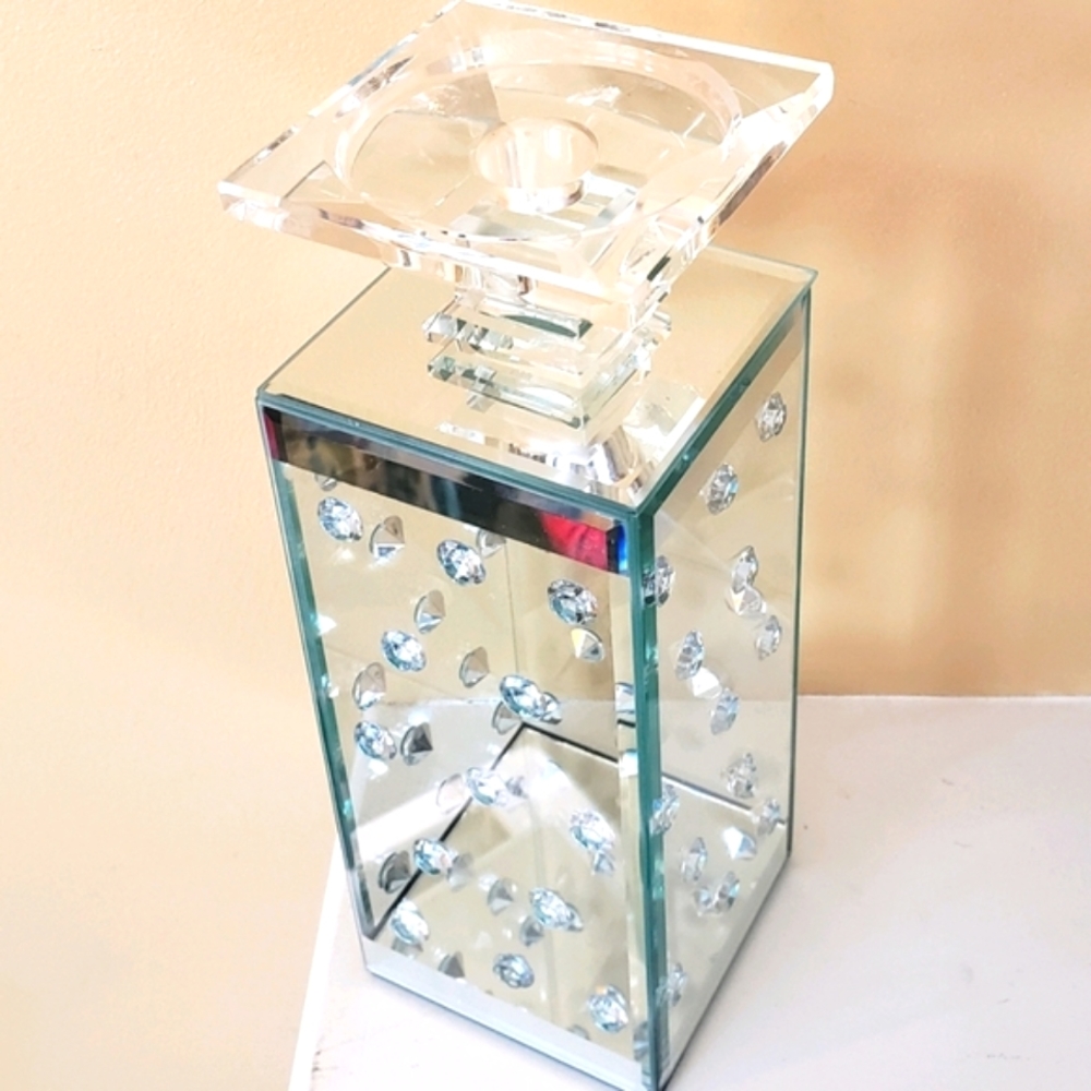 Glam Mirrored Glass Crystal Jeweled Candle Holder Stand NWT